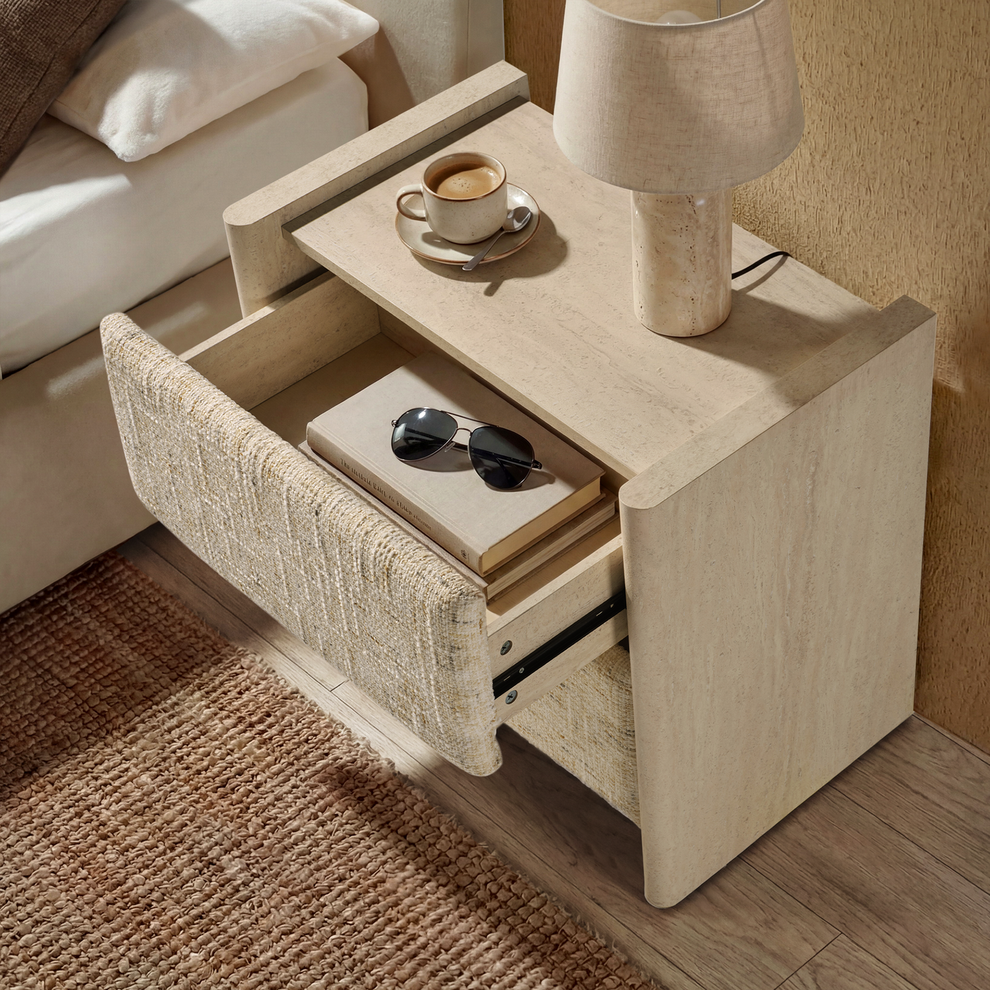Freya Nightstand with Raised Side Panels & Travertine Accents - Sandstone Beige