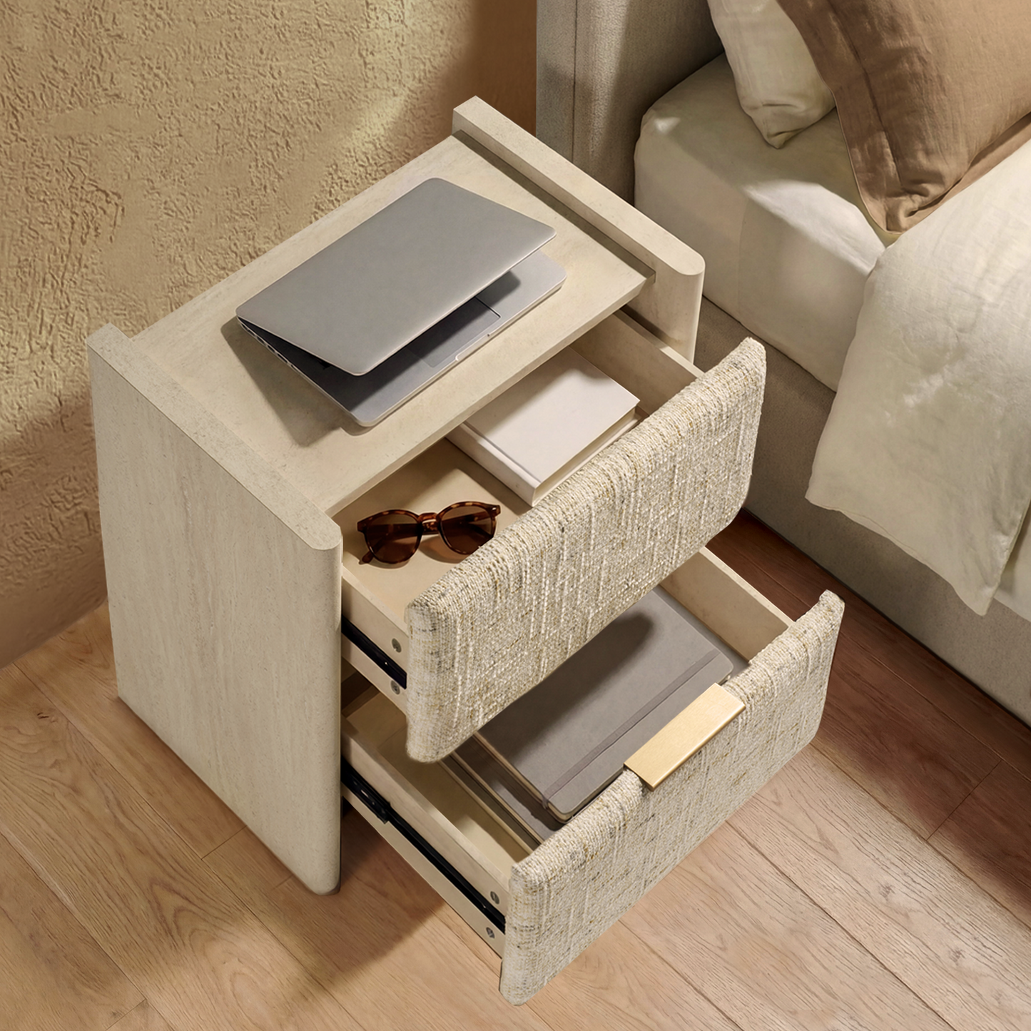 Freya Nightstand with Raised Side Panels & Travertine Accents - Sandstone Beige