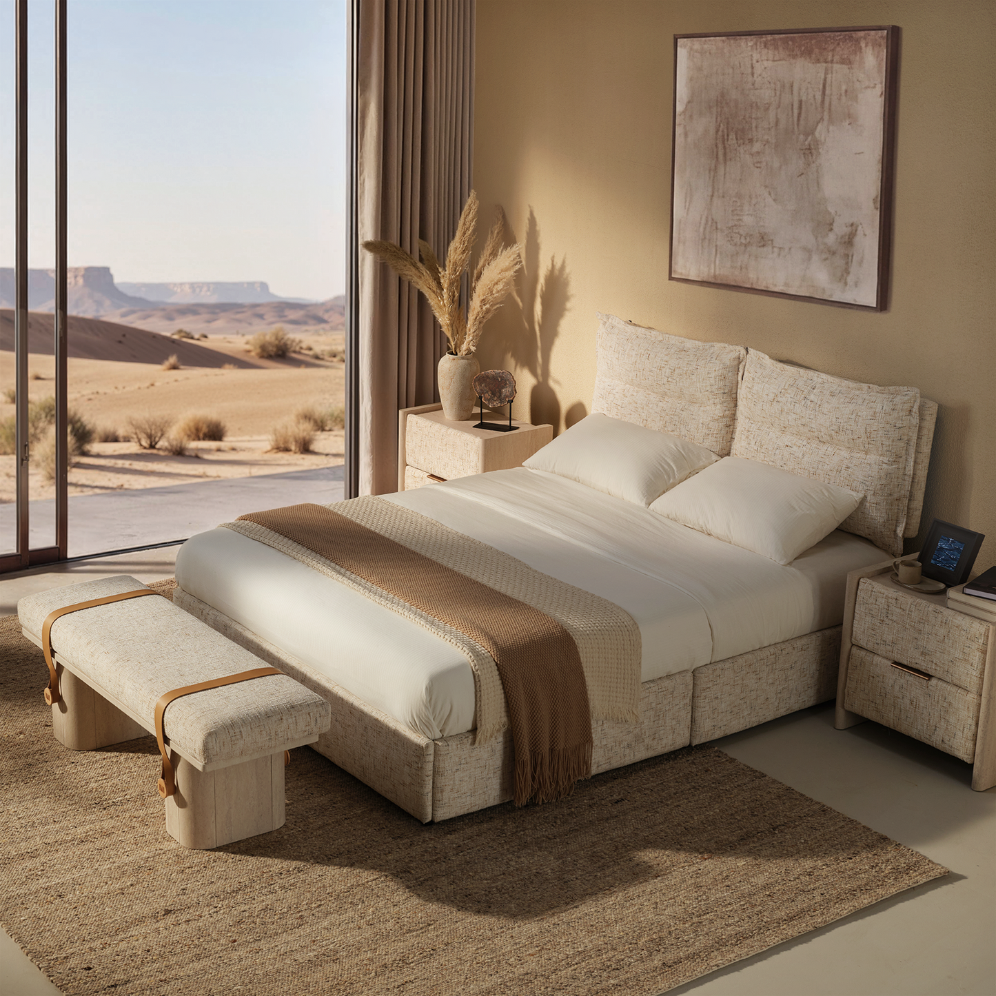 Freya King Upholstered Storage Bed Frame with 4 Drawers, Sandstone Beige