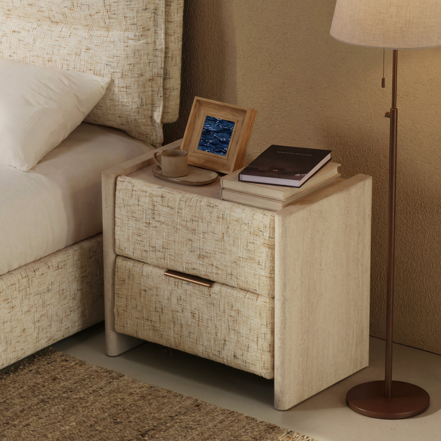 Freya Nightstand with Raised Side Panels & Travertine Accents - Sandstone Beige