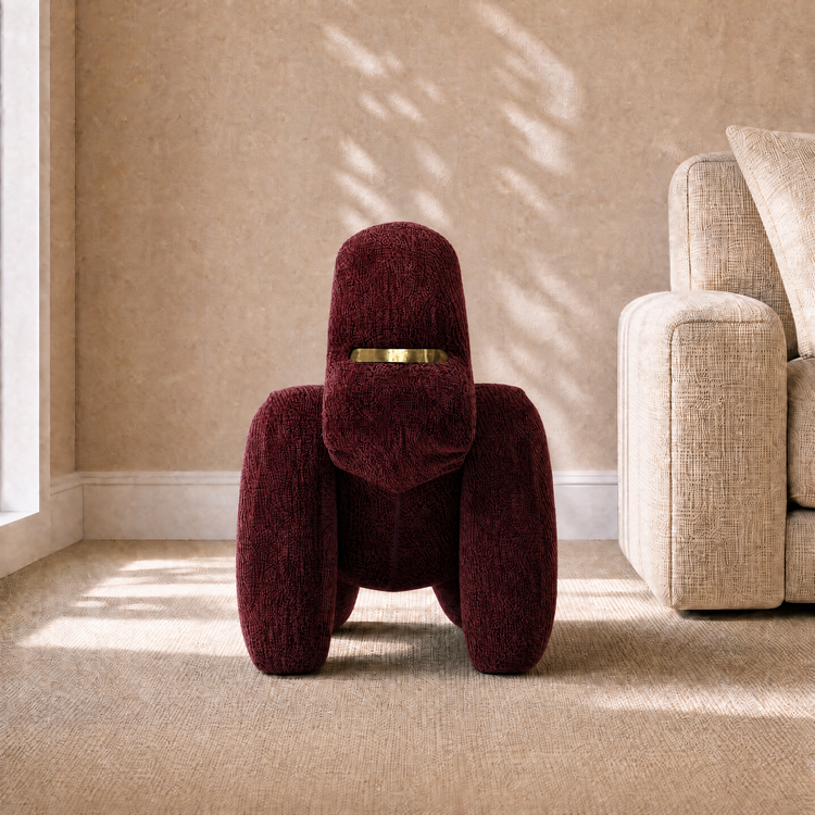 Gorilla-Shaped Accent Ottoman - Burgundy Shimmer Chenille Footrest, 24.8" Wide