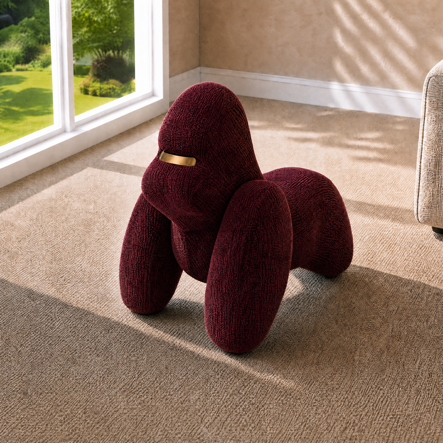 Gorilla-Shaped Accent Ottoman - Burgundy Shimmer Chenille Footrest, 24.8" Wide