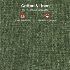 Green woven fabric graphic with cotton and linen, water resistance, and breathability claims.