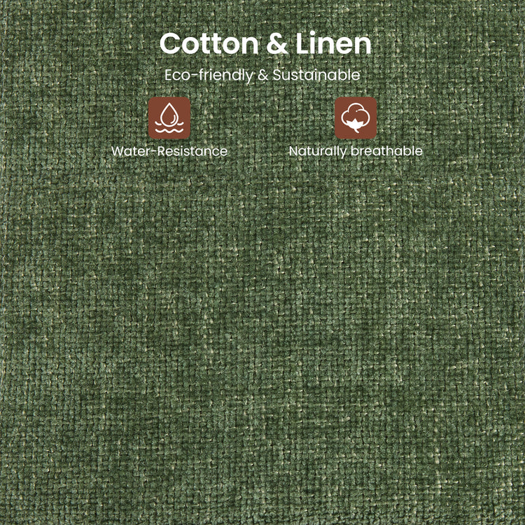 Green woven fabric graphic with cotton and linen, water resistance, and breathability claims.