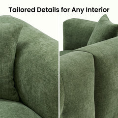 Close-up views of a green fabric sofa with matching cushions and tailored seams.