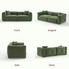 Green upholstered sofa shown from front, angled, side, and back views.
