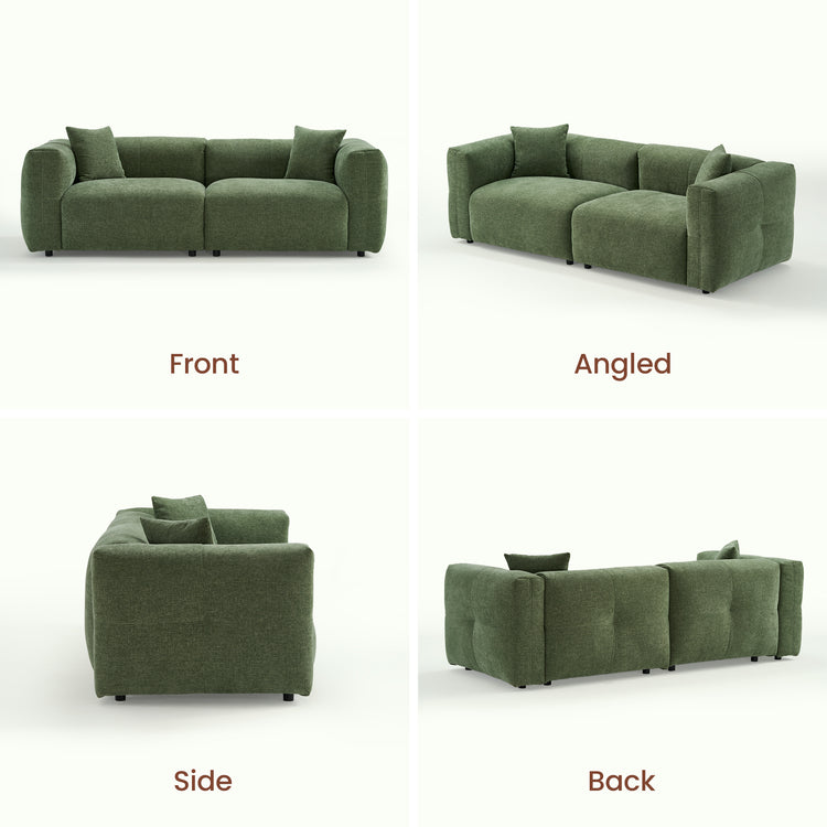 Green upholstered sofa shown from front, angled, side, and back views.