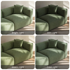 Green upholstered sofa shown under bright, dim, warm, and cold lighting.