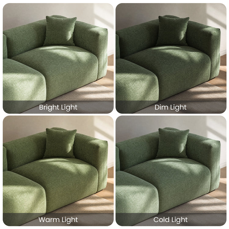 Green upholstered sofa shown under bright, dim, warm, and cold lighting.