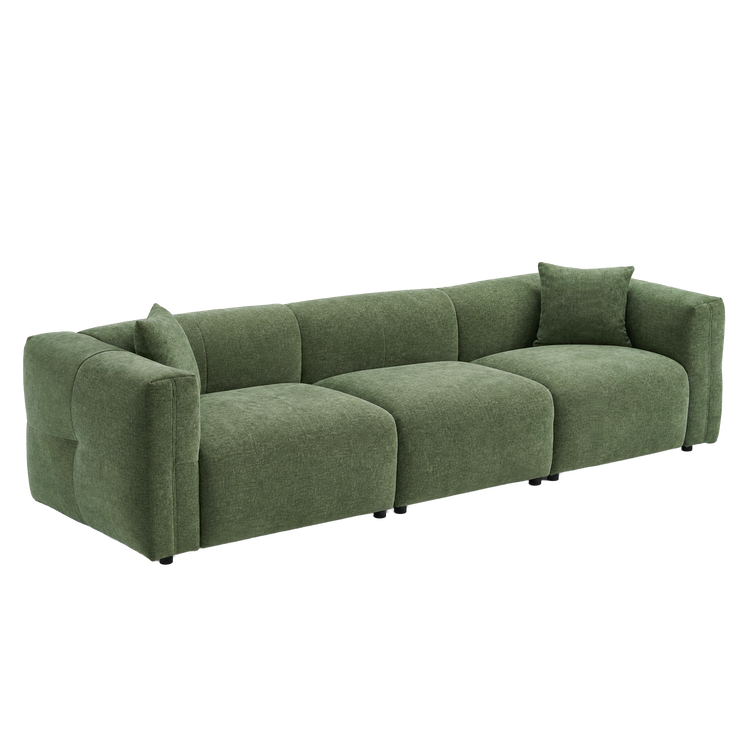 Green upholstered three-seat sofa with two matching throw pillows