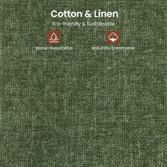 Green woven fabric graphic labeled cotton and linen, water-resistant, and naturally breathable.