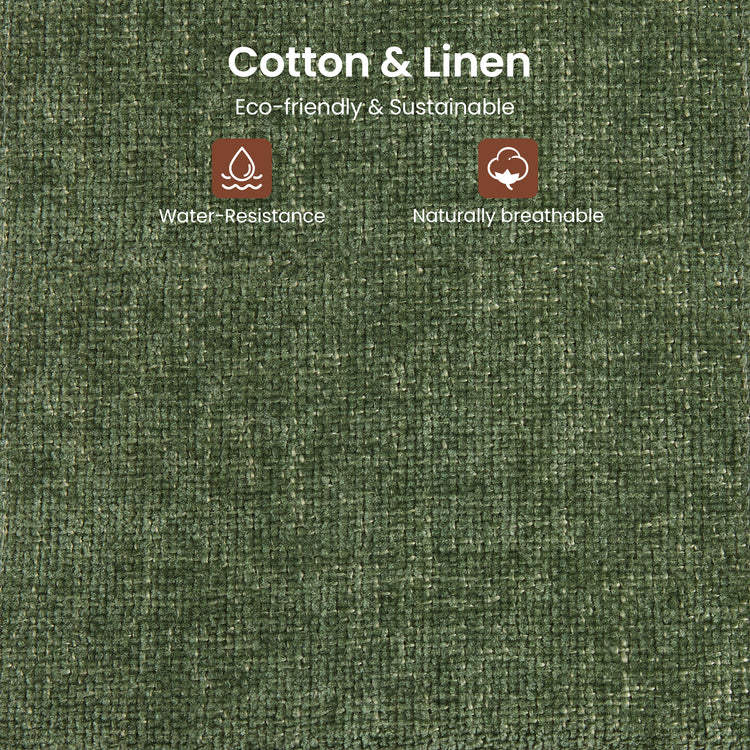 Green woven fabric graphic labeled cotton and linen, water-resistant, and naturally breathable.