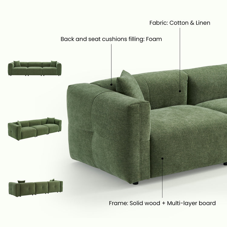 Green sofa shown from multiple angles with labeled fabric, cushion filling, and frame materials.