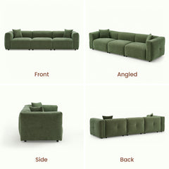 Green three-seat sofa shown from front, angled, side, and back views.