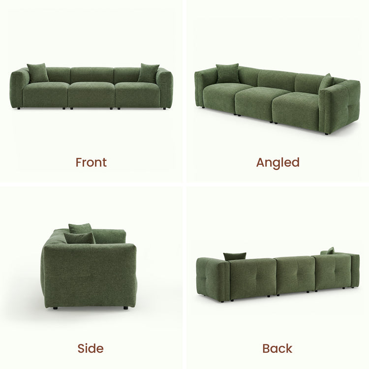 Green three-seat sofa shown from front, angled, side, and back views.