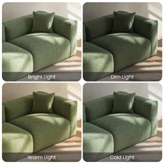 Green upholstered armchair shown under bright, dim, warm, and cold lighting.