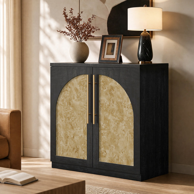 [Pre-sale] Harmo Block 31" Arched Fluted Accent Cabinet Storage Cabinet, Black & Burl