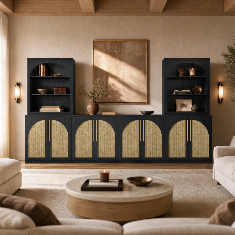 [Pre-sale] Harmo Block 31" Arched Fluted Accent Cabinet Storage Cabinet, Black & Burl