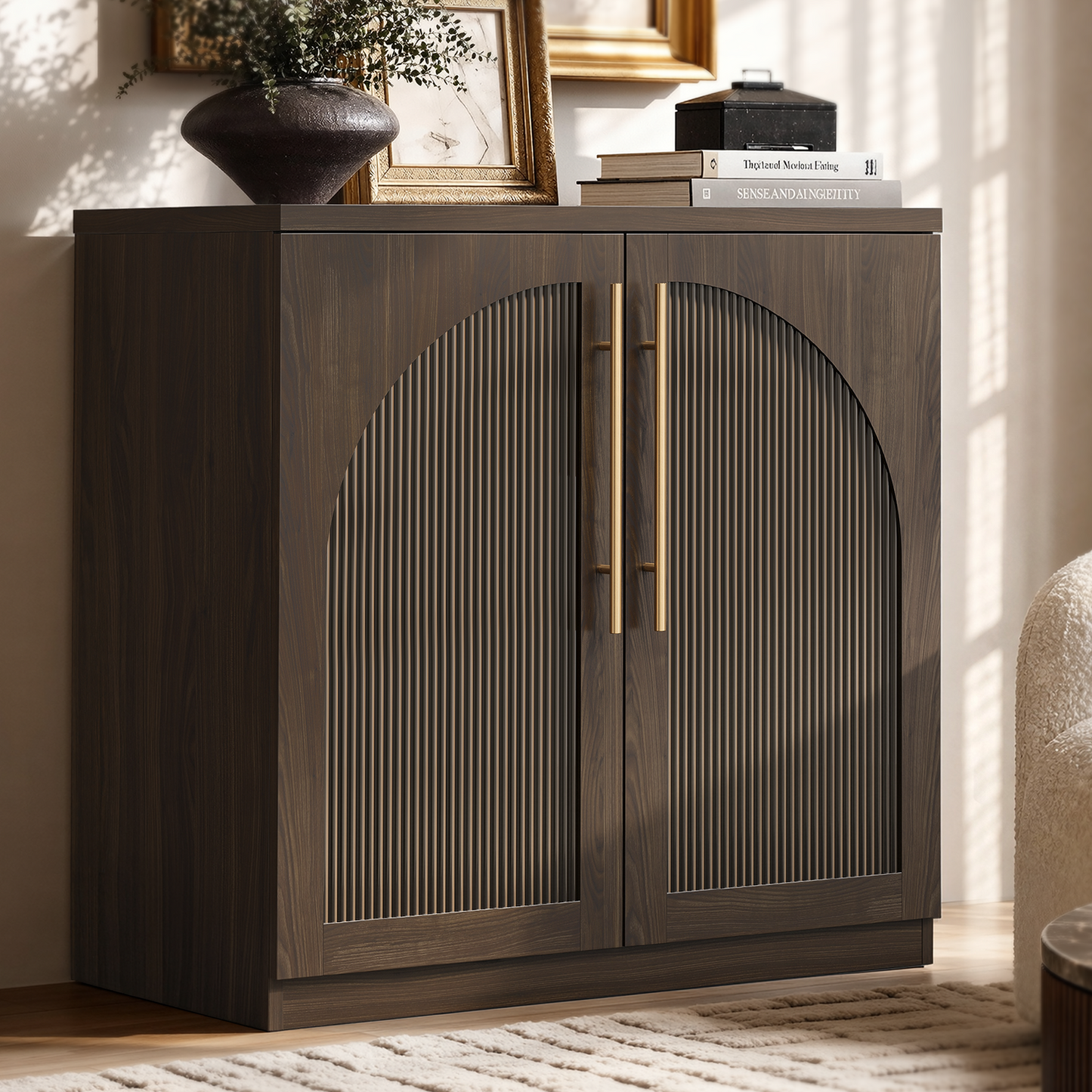 [Pre-sale] Harmo Block 31" Arched Fluted Accent Cabinet Storage Cabinet, Walnut Wood
