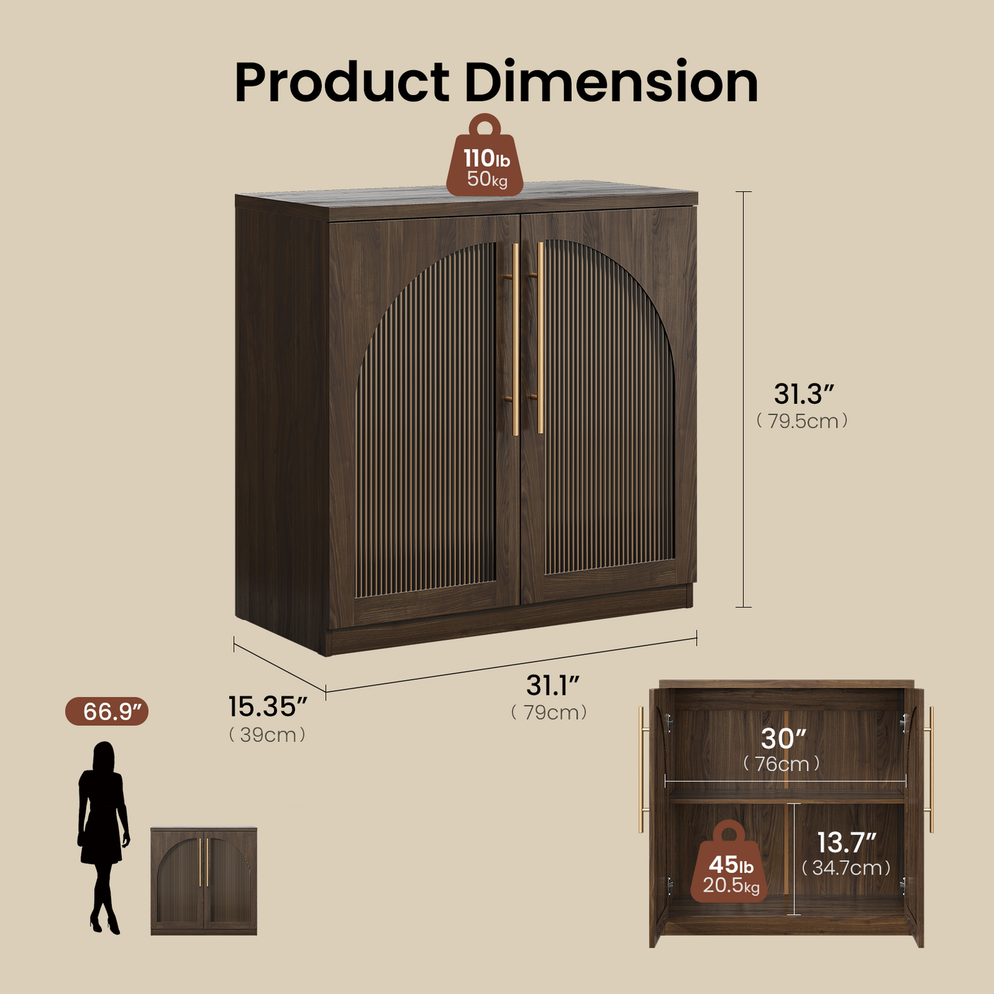 [Pre-sale] Harmo Block 31" Arched Fluted Accent Cabinet Storage Cabinet, Walnut Wood