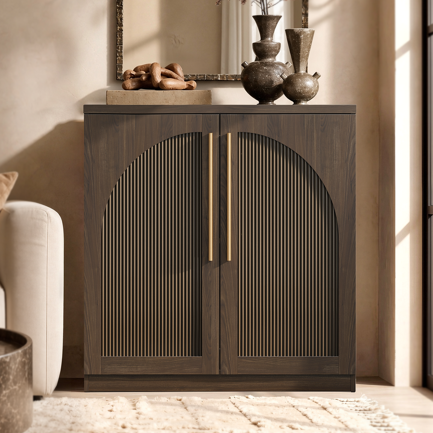 [Pre-sale] Harmo Block 31" Arched Fluted Accent Cabinet Storage Cabinet, Walnut Wood