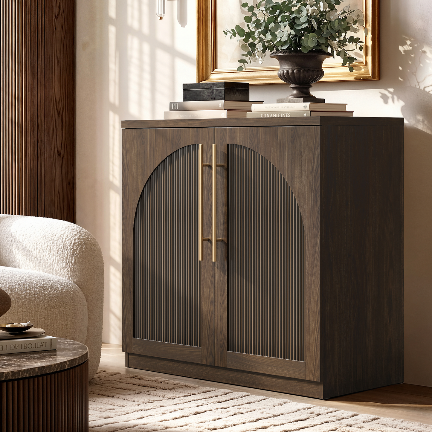 [Pre-sale] Harmo Block 31" Arched Fluted Accent Cabinet Storage Cabinet, Walnut Wood