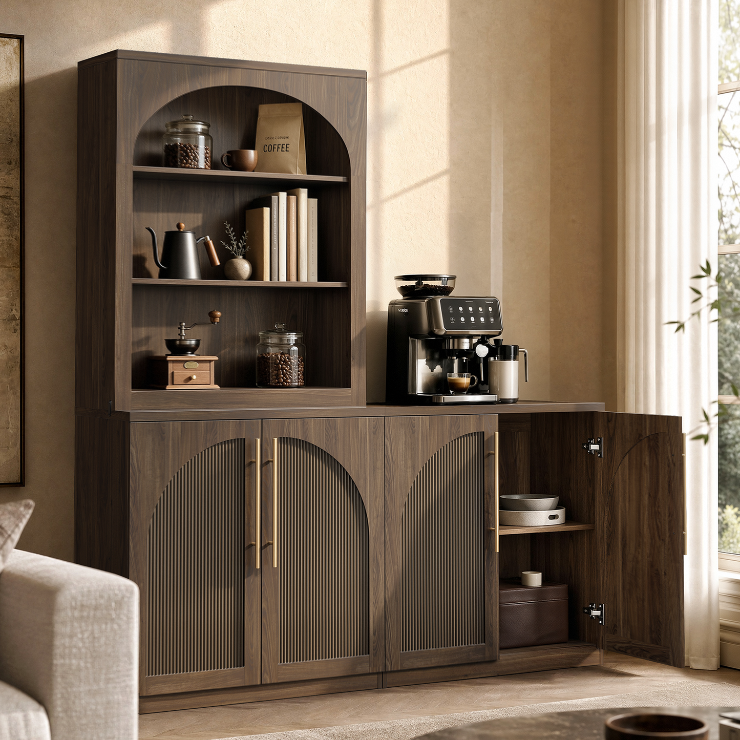 [Pre-sale] Harmo Block 31" Arched Fluted Accent Cabinet Storage Cabinet, Walnut Wood