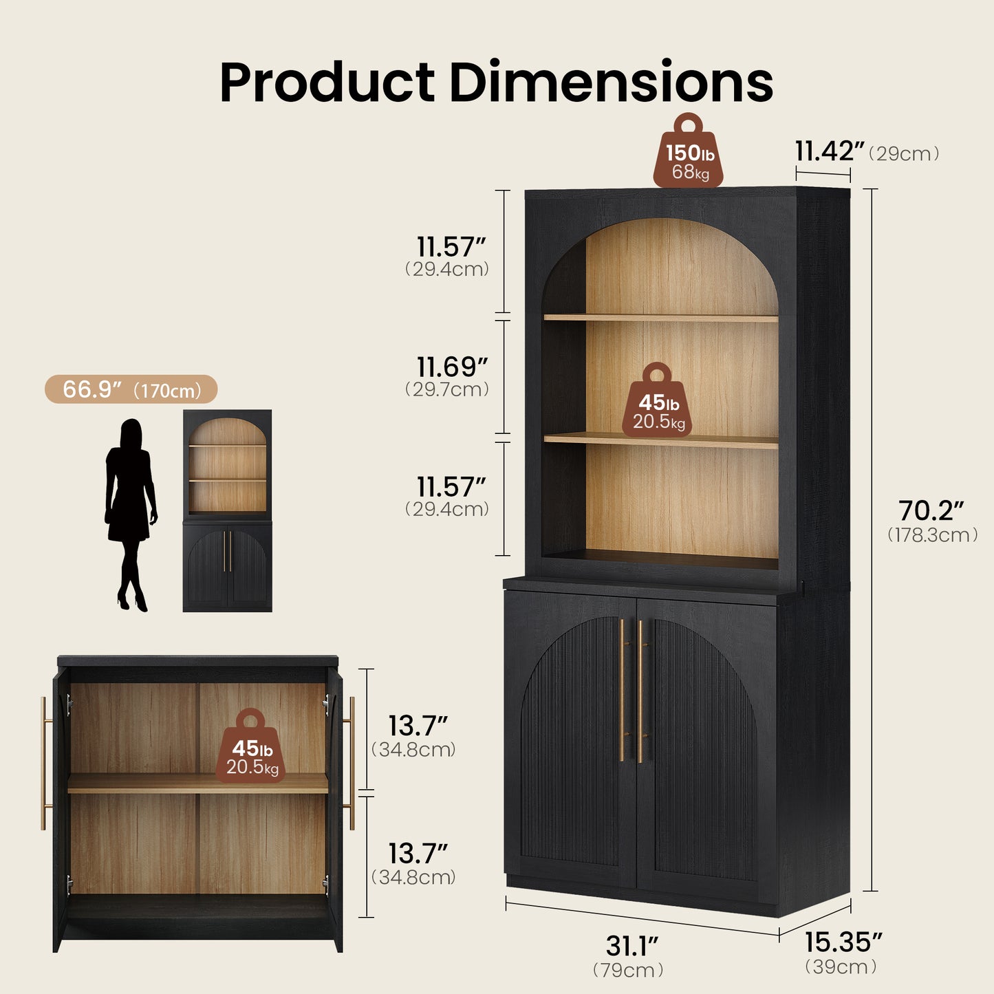 [Pre-sale] Harmo Block 70" Tall Arched Bookcase with Doors