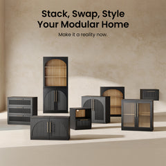 A grouped furniture collection shows multiple cabinets, drawer units, and open shelves sharing dark arched fronts and warm interiors