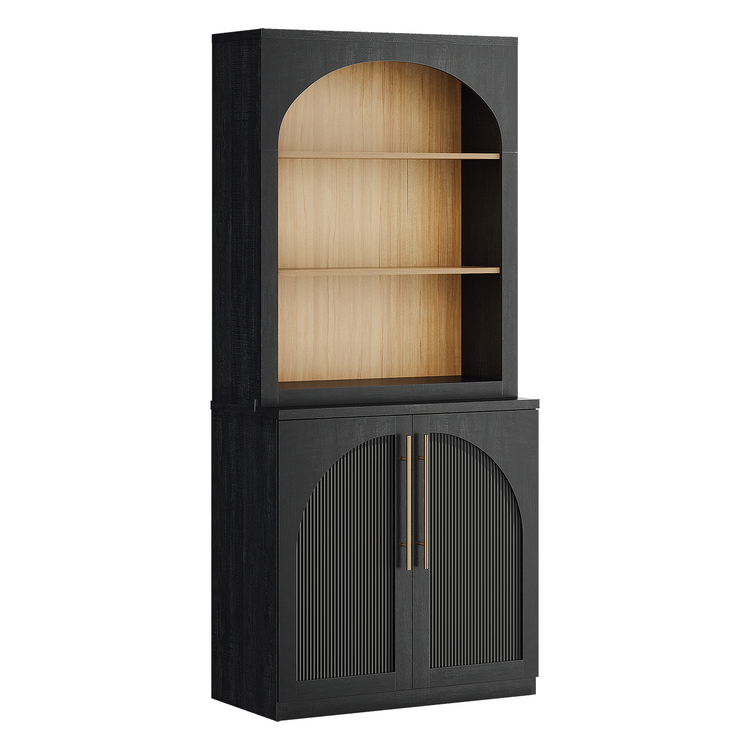 A tall black cabinet with an arched open upper shelf and arched fluted double doors appears on white