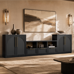 Black modular console with tall arched cabinets, open cubbies, and three drawers