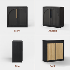 Four views show a compact black cabinet with pale double doors, slim gold pulls, and a dark top