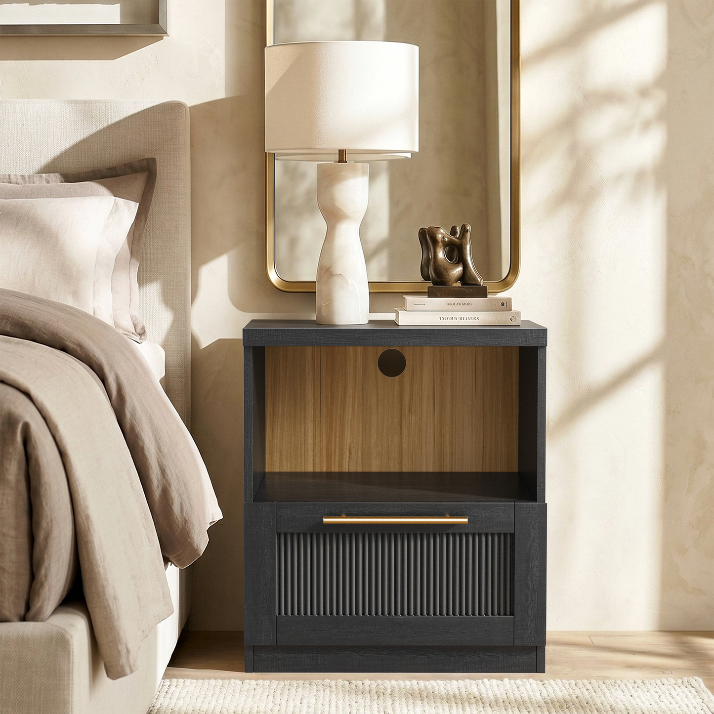 Harmo Block Black Wave-Panel Nightstand