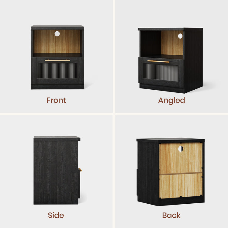 Black cabinet with open upper cubby, ribbed lower door, and gold-colored handle, Front, angled, side, and back views