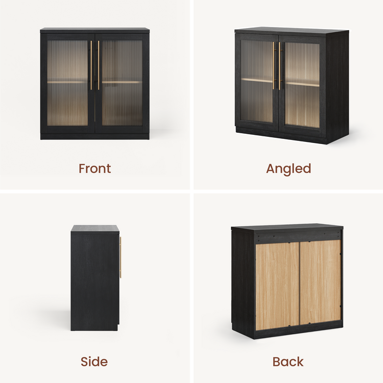 Four views show a dark two-door cabinet with ribbed translucent panels and long gold-colored handles