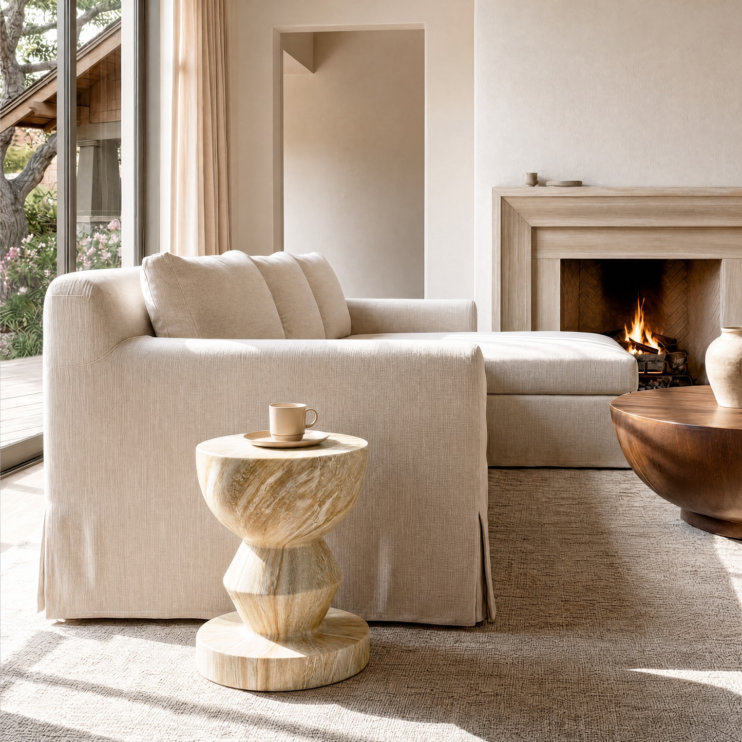 [Pre-Sale] Hourglass Pedestal Round Side Table - Beige Travertine-Look Finish