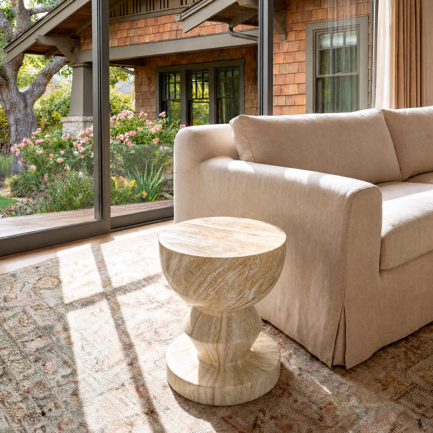 [Pre-Sale] Hourglass Pedestal Round Side Table - Beige Travertine-Look Finish