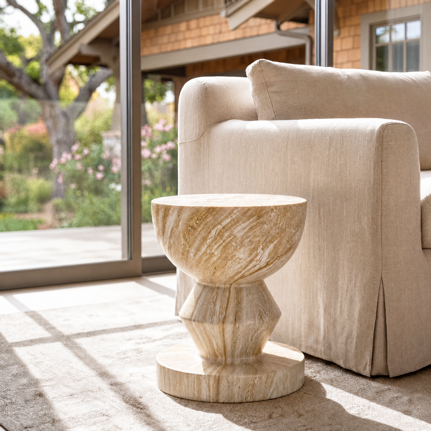 [Pre-Sale] Hourglass Pedestal Round Side Table - Beige Travertine-Look Finish