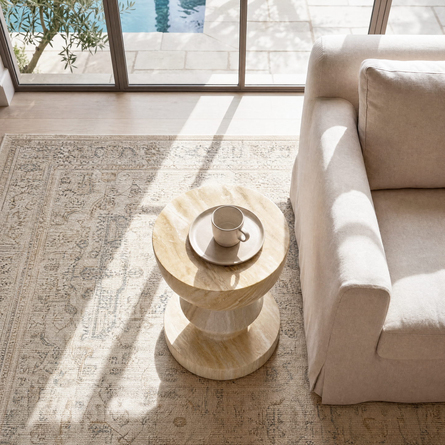 [Pre-Sale] Hourglass Pedestal Round Side Table - Beige Travertine-Look Finish