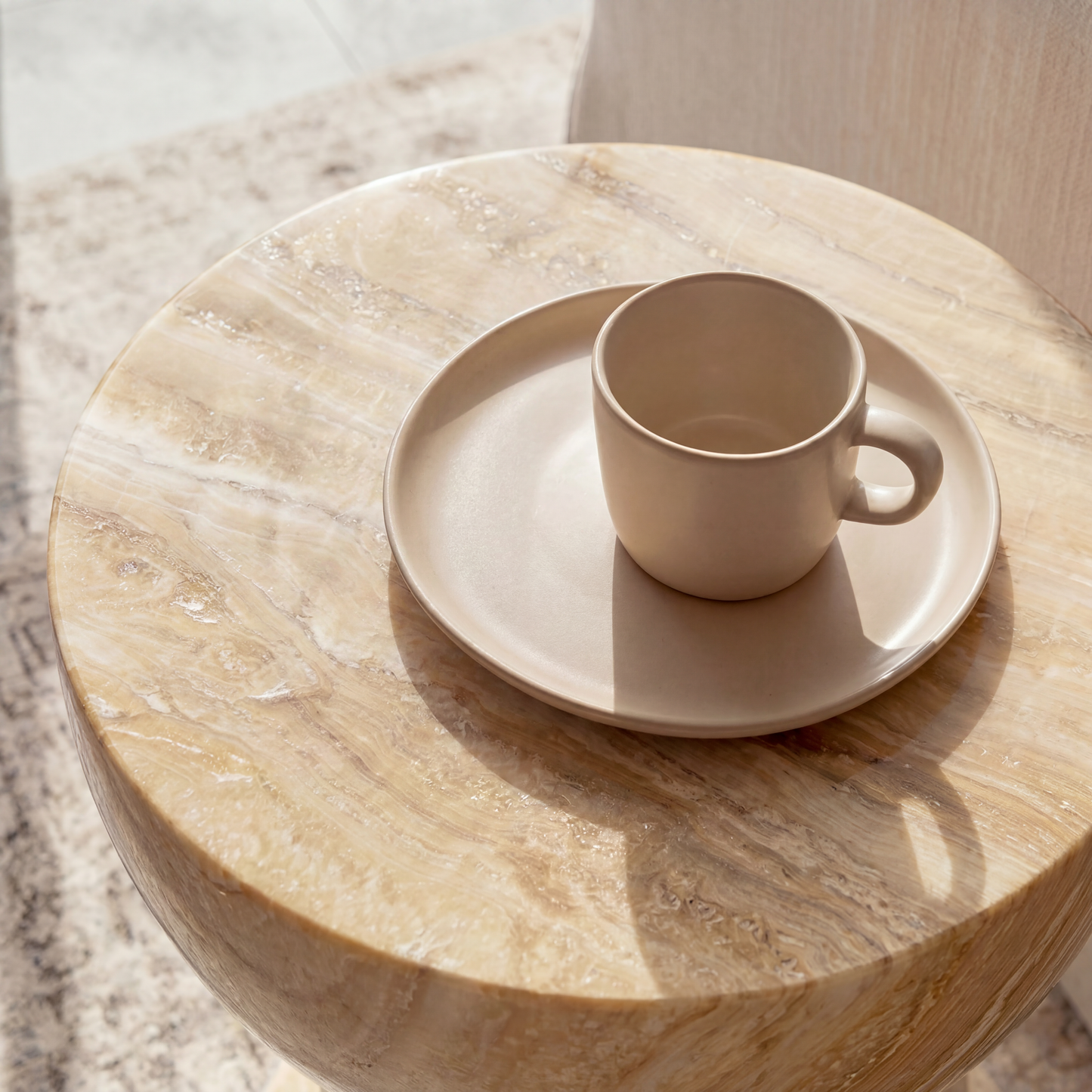 [Pre-Sale] Hourglass Pedestal Round Side Table - Beige Travertine-Look Finish