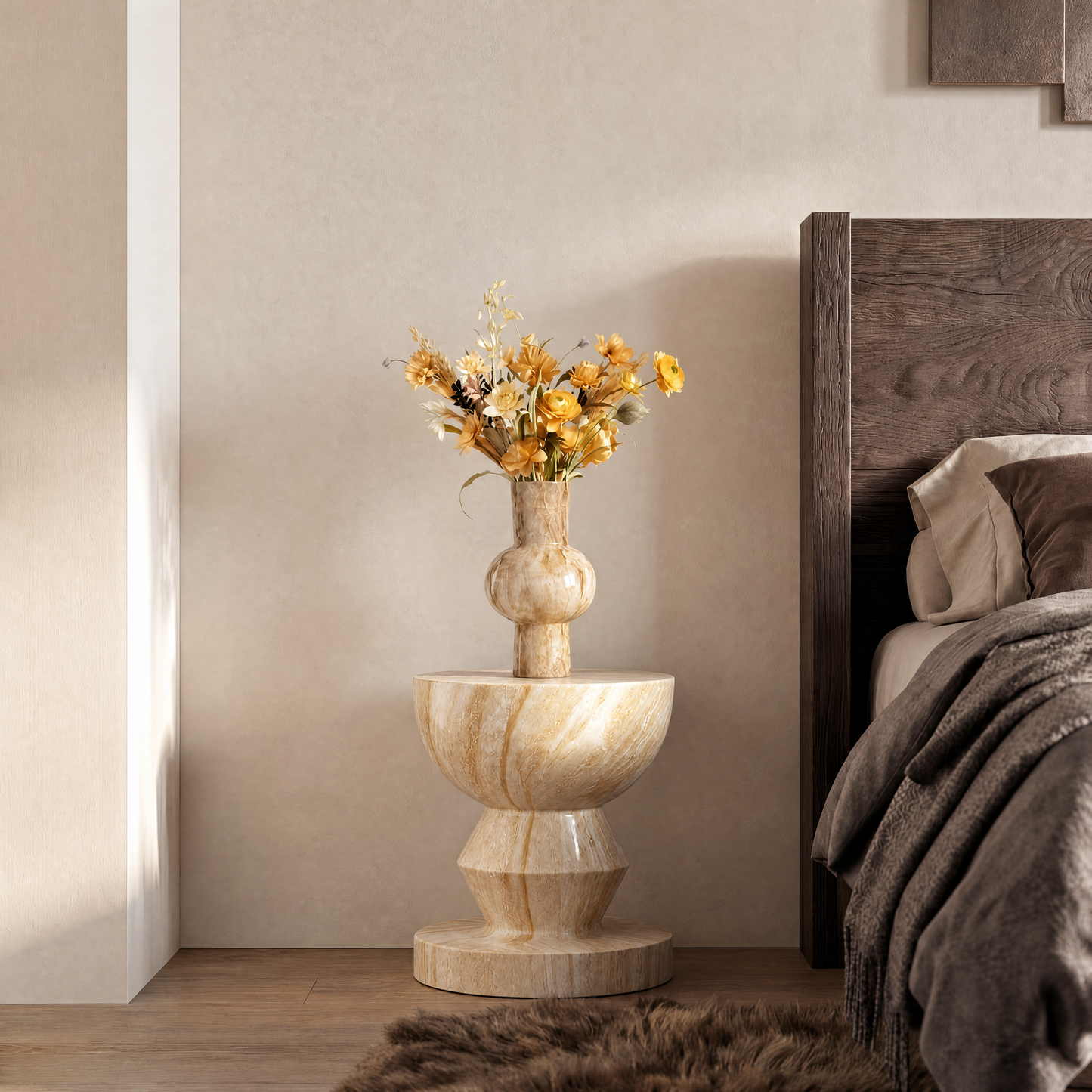 [Pre-Sale] Hourglass Pedestal Round Side Table - Beige Travertine-Look Finish