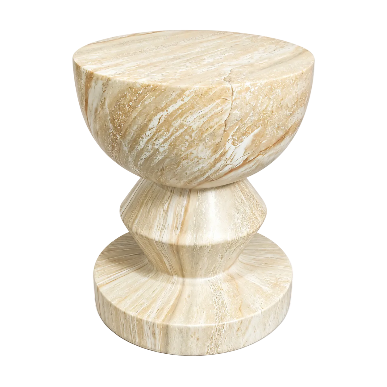 A round stone pedestal side table made of beige travertine with natural white and tan veining, shown on a plain white background.