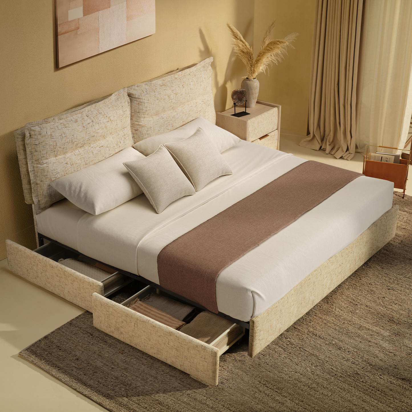 Freya King Upholstered Storage Bed Frame with 4 Drawers, Sandstone Beige