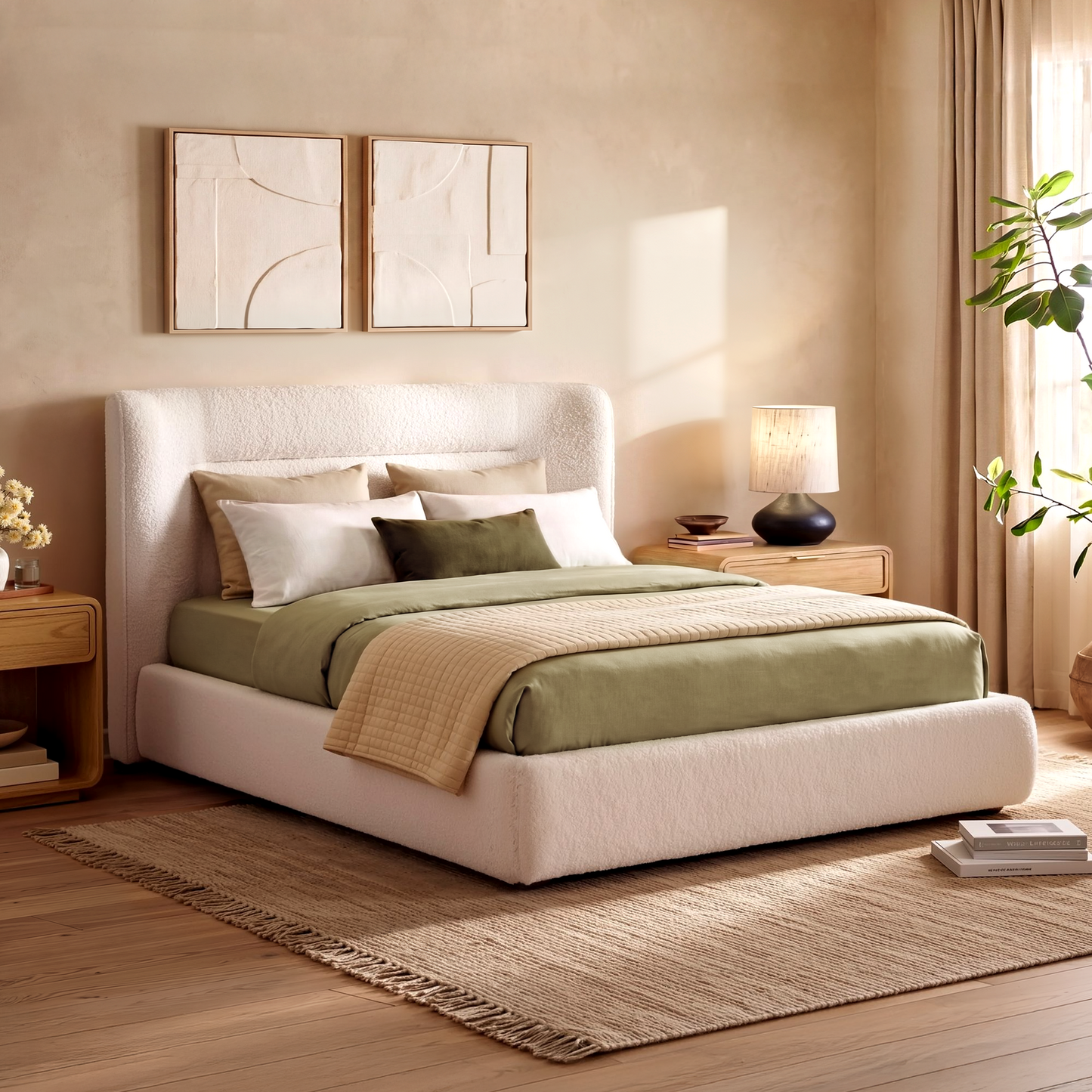 Queen Size Upholstered Platform Bed Frame – Boucle Wingback Headboard