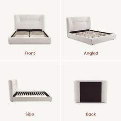 The graphic shows front, angled, side, and back views of the bed frame