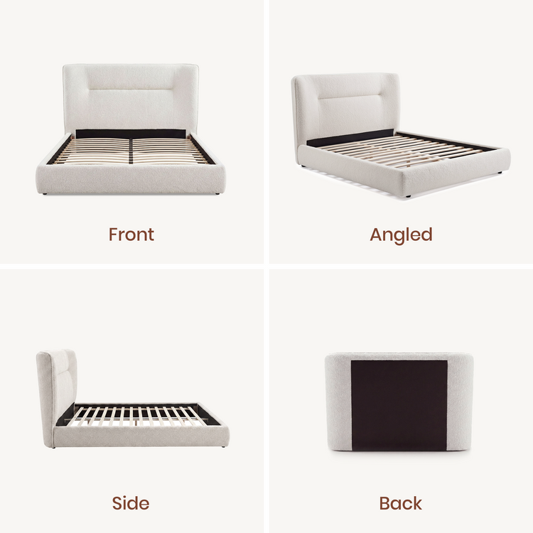 The graphic shows front, angled, side, and back views of the bed frame