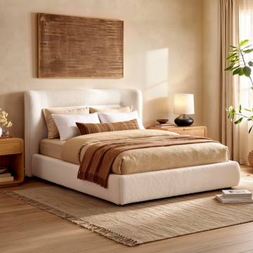 Estructura de cama de plataforma tapizada tamaño Queen – Cabecero de respaldo alado de tela bouclé