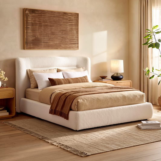 Queen Size Upholstered Platform Bed Frame – Boucle Wingback Headboard