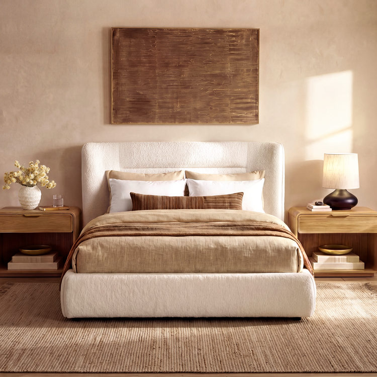 Queen Size Upholstered Platform Bed Frame – Boucle Wingback Headboard