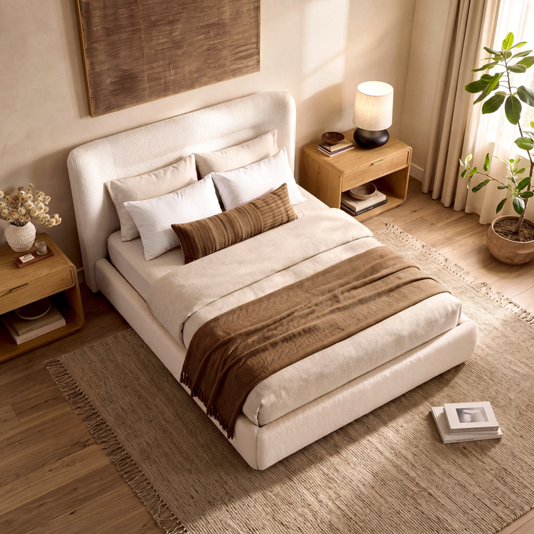 Queen Size Upholstered Platform Bed Frame – Boucle Wingback Headboard
